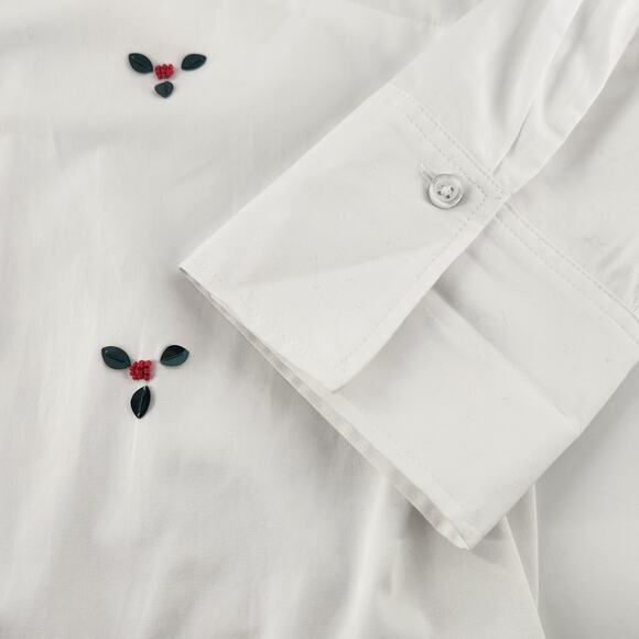 Talbots Embellished Holly Berry Button Front Shirt Womens Large White Beaded Top - Picture 4 of 12